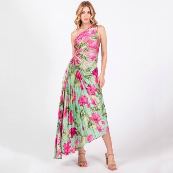 Luxxel Pleated Cut-out Midi One Shoulder Tropical Colorful Dress Pink Green sz L - Picture 1 of 7